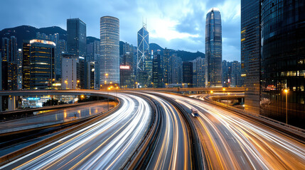 Obraz premium Long exposure of city skyline with illuminated car trails on highway, showcasing urban beauty