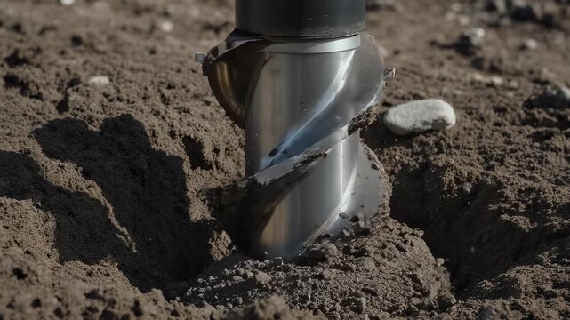 Industrial Auger Drill Bit Digging Into Dry Earth With Visible Soil Texture Detail