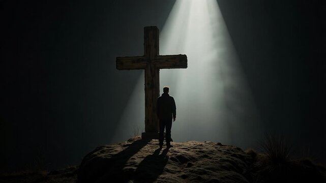 Solemn man silhouette against giant cross shadow, evoking faith, spirituality, and profound contemplation in a cinematic 4K video