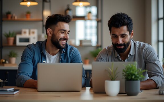 Two freelancer men working at different laptops at desk. High quality - Powered by Adobe