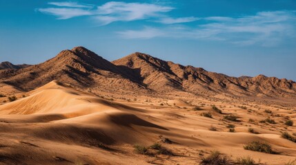 Naklejka premium Scenic view of vast sand dunes and distant mountains embraced by a bright blue sky.