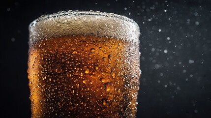 A chilled pint glass, brimming with effervescent, pale amber beer and covered in condensation, is prominently featured against a dark backdrop. 