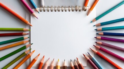 Fototapeta premium A clean, empty sketchbook is encircled by a vibrant collection of colorful drawing pencils. 