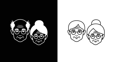 Stylized line art icons of elderly couple faces on black and white backgrounds