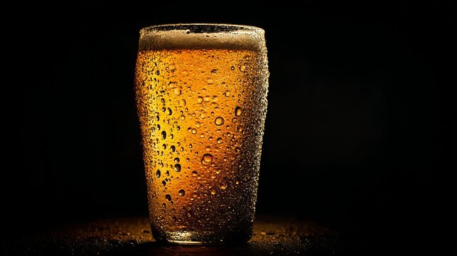 A chilled pint glass, brimming with effervescent, pale amber beer and covered in condensation, is prominently featured against a dark backdrop. 