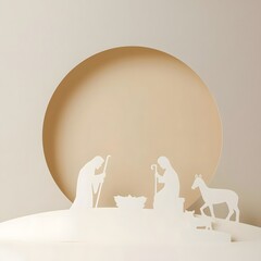 Paper‑cut winter animals in circular niche, soft neutral scene