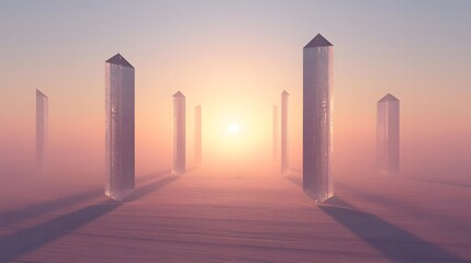Surreal sunrise with stone monoliths in mist, dreamy horizon background