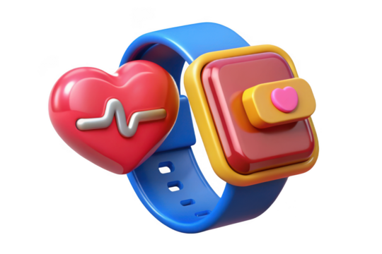3d smartwatch with heart rate monitor, fitness tracker, health app, blue strap, and modern design isolated on transparent background
