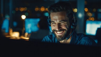 Joyful man wearing headset, smiling brightly while working late in a modern office with bokeh city lights in background