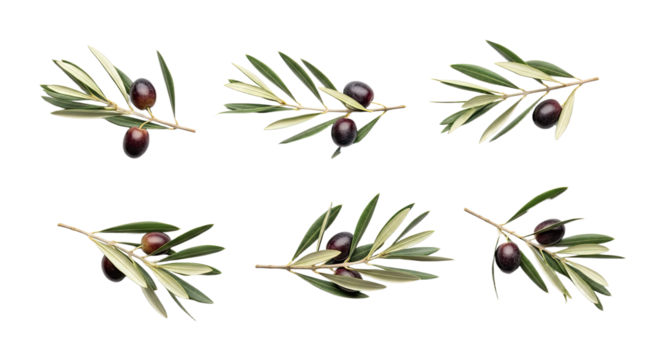 Collection of Olive Branches with Black Olives Isolated on White Background 3.