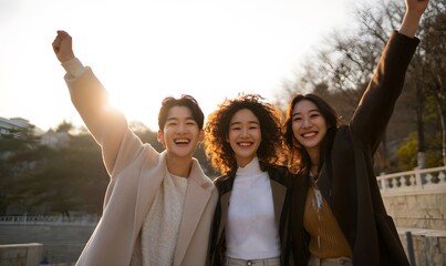 Korean friends in their 30s cheering each other with bright smiles, warm sunlight, casual outfits, outdoor park setting