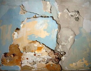 Weathered wall showing layers of paint and exposed brick