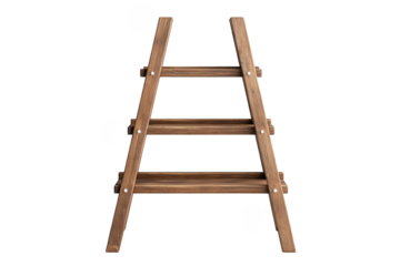 Rustic wooden ladder with three shelves, decorative ladder, home decor, display ladder, plant stand, brown wood, step ladder isolated on transparent background