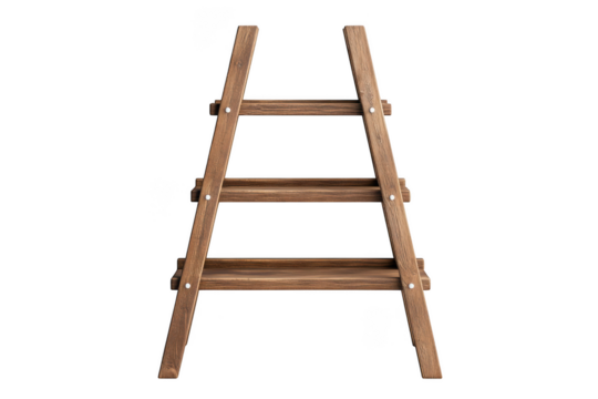 Rustic wooden ladder with three shelves, decorative ladder, home decor, display ladder, plant stand, brown wood, step ladder isolated on transparent background