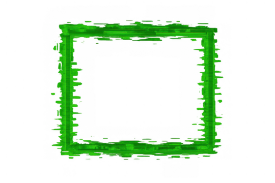 Green grunge ink brush stroke square boundary frame with texture, paint splash, and transparent background
