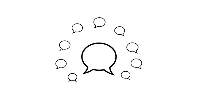Speech bubble design represents communication, discussion, and conversation with multiple thought bubbles surrounding a central idea for brainstorming sessions, marketing, and social media