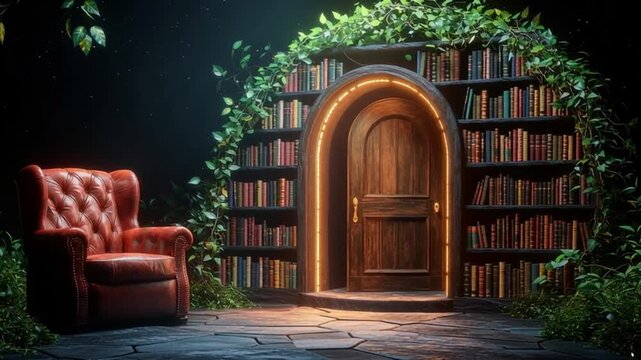 A red chair sits in front of a bookcase with a door that leads to a library
