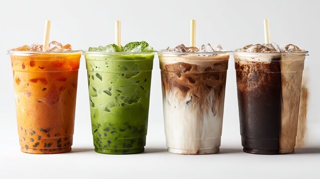 A collection of Asian cold drinks, including Thai iced tea, matcha latte, iced chocolate, and coffee varieties, displayed in transparent to-go cups against a white backdrop. 