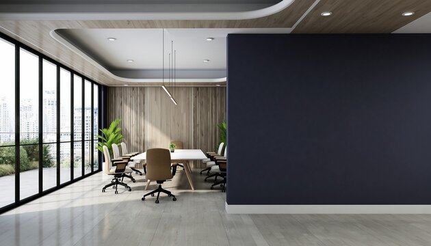 Wooden and white minimalist conference room. Mock up copy space empty wall. - Powered by Adobe