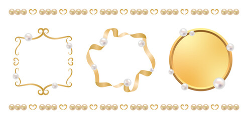 エレガントなイエローゴールドと淡水パール（白・金）の装飾フレームセット　高級感のあるゴールドパールデザイン　上品で華やかな金色リボンとパールを組み合わせた円形・四角形・星形のラグジュアリーフレーム素材