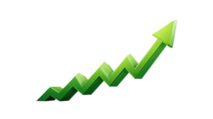 A 3D business graph with an upward arrow illustrates success and growth in the stock market report