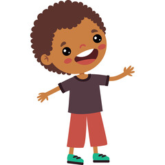Joyful Young Boy With Curly Hair Wearing A Dark Gray T Shirt And Red Pants Waving Happily With A Big Smile Isolated On White Background