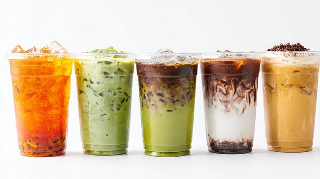 A collection of Asian cold drinks, including Thai iced tea, matcha latte, iced chocolate, and coffee varieties, displayed in transparent to-go cups against a white backdrop. 