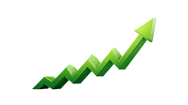 A 3D business graph with an upward arrow illustrates success and growth in the stock market report