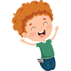 Joyful young boy with curly red hair in a green t-shirt and blue jeans jumping in the air with arms outstretched on a clean white background expressing happiness