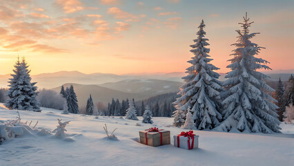 Christmas presents lie in the snow among snowcovered fir trees in the mountains at sunset, creating a magical and festive winter wonderland scene