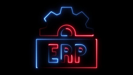 Neon E R P gear icon glowing red and blue on black background symbolizing enterprise resource planning business