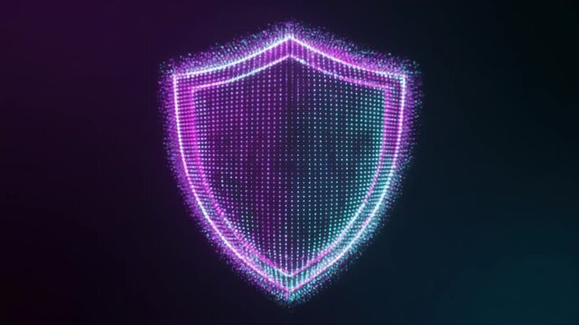 Loopable glowing particle shield forming and dissolving in slow motion, cool purple and teal colors, dark background, cinematic health tech vibe, perfect for illustrating protection or balance