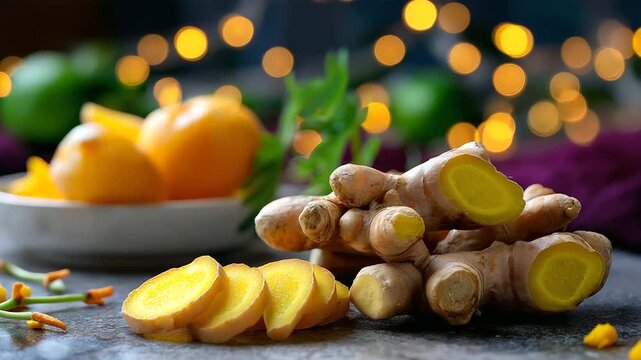 Faceless arrangement of turmeric and ginger roots surrounded by defocused citrus slices, soothing bokeh and natural texture, with copy space.