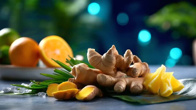 Faceless arrangement of turmeric and ginger roots surrounded by defocused citrus slices, soothing bokeh and natural texture, with copy space.