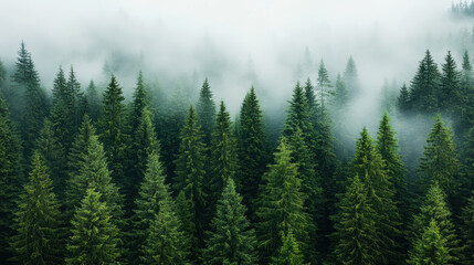 Obraz premium Lush green pine forest enveloped in mist creates serene and peaceful atmosphere