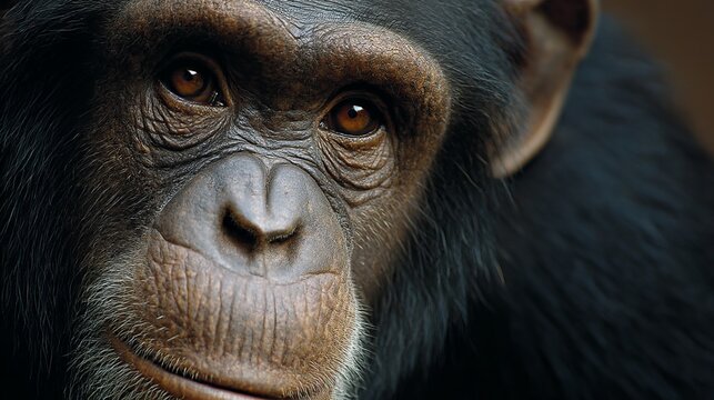 A detailed view of a chimpanzee's face against a blurred backdrop, emphasizing its unique features and expressions. 