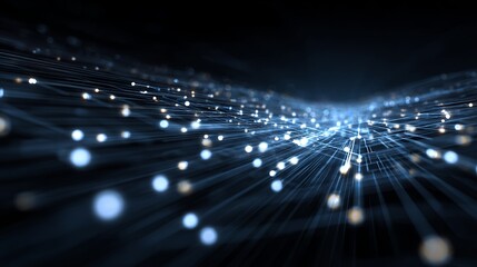 Dynamic digital network with glowing nodes, representing data flow and advanced technology connections in a futuristic concept.