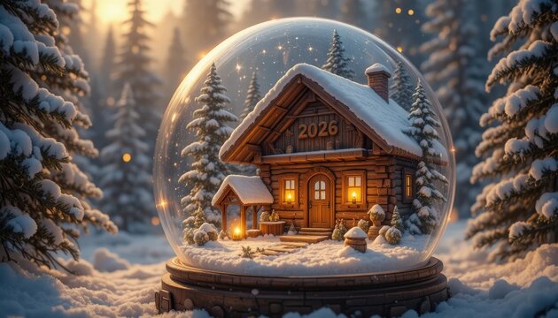 Enchanting Winter Wonderland: A cozy cabin nestled inside a snow globe, enveloped by a serene winter forest landscape, with sparkling snowflakes creating a magical atmosphere.