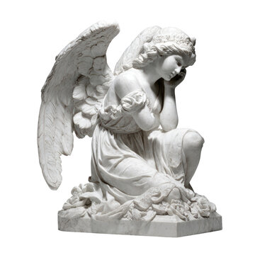 Elegant Marble Angel Sculpture Gracefully Kneeling with Detailed Wings and Floral Accents
