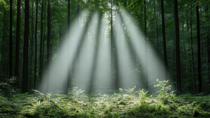 Fototapeta premium Misty forest illuminated by soft sunlight creates serene atmosphere