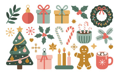 Naklejka premium Whimsical Christmas elements collection featuring festive tree, gifts, gingerbread man, candy canes, wreath, and hot cocoa for holiday design projects