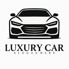 Obraz premium Minimalist luxury car logo in black and white vector style, featuring a sleek sports car front view with sharp lines and modern aerodynamic design. Elegant and bold, symbolizing speed, prestige.eps