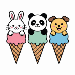 Cute Animal Ice Cream Cones Vector | Bunny, Panda, and Dog Cartoon Illustration
