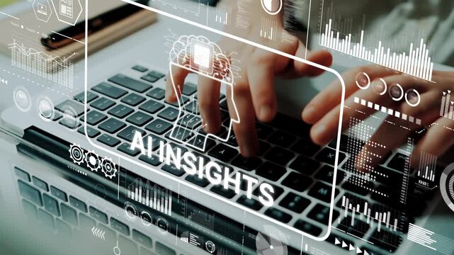 Digital Analysis of Insights with Hands on Keyboard Surrounded by Graphs and Data Visualization Elements. Asymptotic smart data analytic.