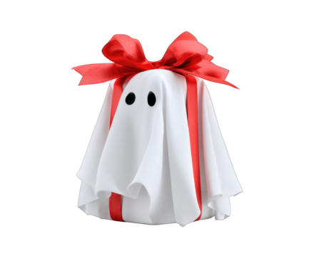 Ghost wrapped like a Christmas present with a big red bow