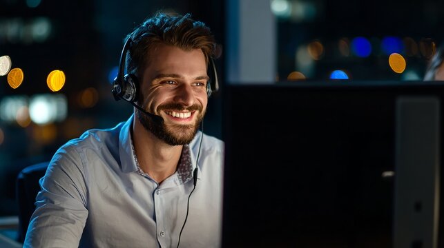 Smiling man wearing headset works late at night, providing excellent customer service with a positive attitude and dedication.
