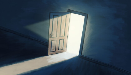 An open door leading to a bright light in a dark room