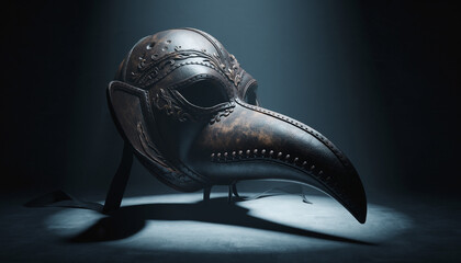 Close-up of an ornate plague doctor's mask on a dark background with dramatic lighting.