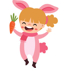 Joyful Young Girl Dressed as Pink Bunny Holding Orange Carrot With Green Top and Pink Scarf During Playful Moment