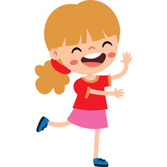 Joyful Young Girl With Blonde Ponytail In Red Shirt And Pink Skirt Waving Happily On Transparent Background